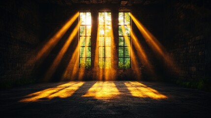Poster - Light beams filtering through a doorway into a dark room with window illumination