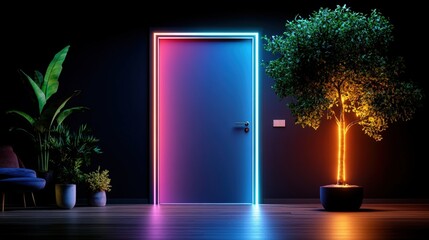 Poster - Plant in a pot positioned next to a doorway with light beams filtering through into a dark space