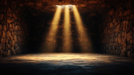 Poster - Light beams filtering through a cave opening illuminating dark interior space