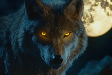 Poster - Majestic wolf with glowing eyes under a full moon in a mysterious nighttime setting. Generative AI