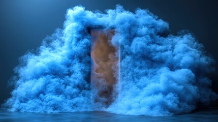 Poster - Blue cloud with light streaming through an open doorway in a dark room creating a dramatic atmosphere