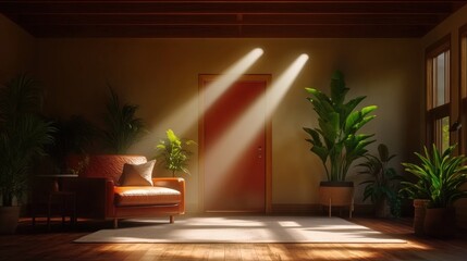 Poster - Minimalist room featuring a chair and a red doorway leading into a brightly lit space