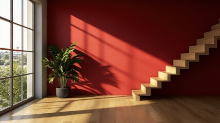 Poster - Plant in a pot on wooden floor with minimalist red interior design and open doorways