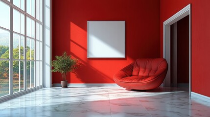 Poster - Red room interior design featuring a red chair and white frame with open doorways for minimalist decor