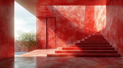 Poster - Minimalist red interior design featuring red walls and open doorways in a modern living space
