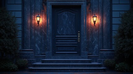 Poster - Mysterious dark doorway with illuminated light and marble texture background in a dimly lit setting