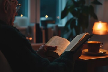 Leinwandbilder - Elderly man reading book by warm light in cozy living room during evening. Generative AI