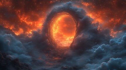 Poster - Spiral staircase ascending towards bright orange sun and dimensional doorway to alternate reality