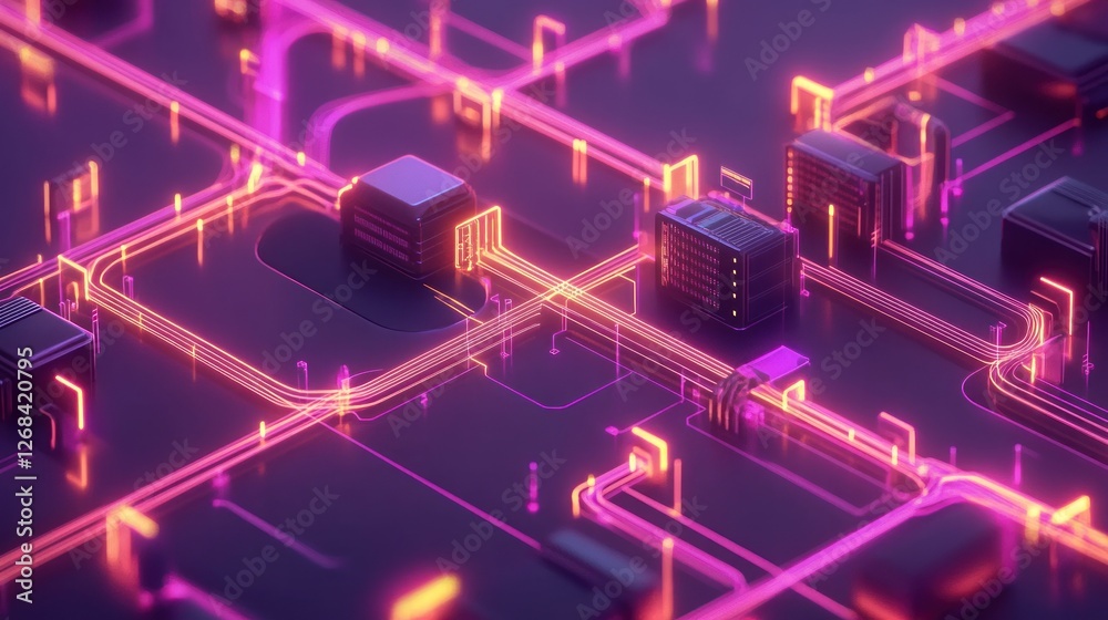 Futuristic city network, glowing cables, data flow, digital infrastructure, tech background, website header