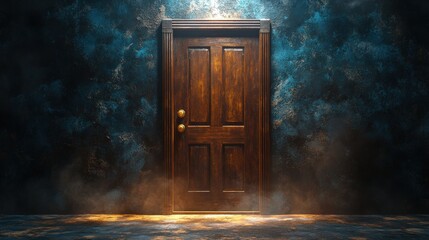 Poster - Wooden door illuminated by light in a dark room creating a mysterious atmosphere