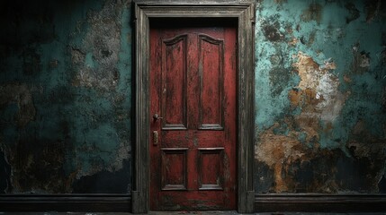 Poster - Red door in a dimly lit room with peeling paint and mysterious atmosphere surrounding the entrance