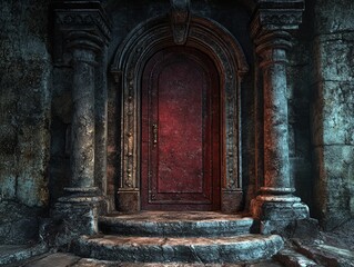 Poster - Red door in stone building with mysterious dark room and high detail imagery for architectural photography