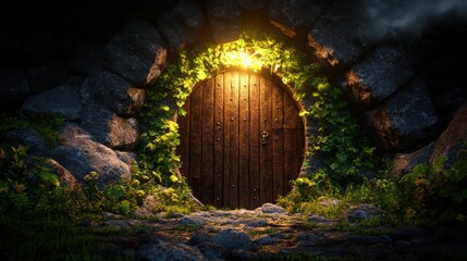 Poster - A mysterious door in a dark cave illuminated by light creating an intriguing atmosphere and setting