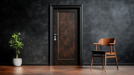 Poster - Chair and potted plant near mysterious doorway in dark room with studio lighting