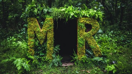 Poster - Moss covered entrance to a dark forest doorway surrounded by lush green foliage and trees