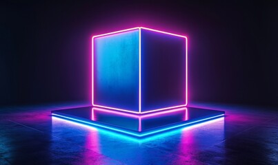 Poster - Neon Glowing Cube in Dark Room with Vibrant Highlights and Reflections Creating a Futuristic and Abstract Atmosphere