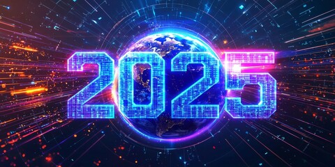 Fototapete - Futuristic Digital 2025 with Global Earth and Colorful Light Trails Representing Technology and Innovation