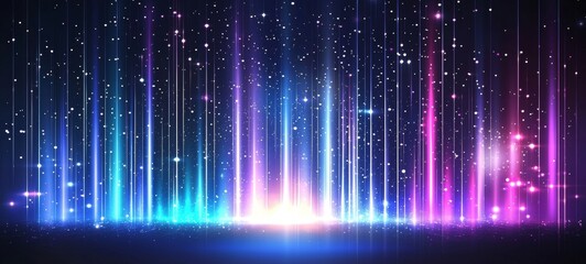 Poster - Vibrant Light Rays with Colorful Flare and Glittering Sparkles Against a Dark Background