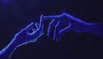 Poster - Hands Touching in Digital Art Concept Capturing Connection and Technology in a Futuristic Style