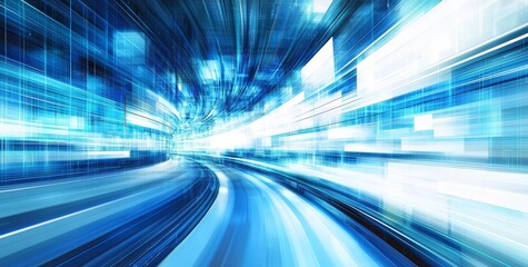 Poster - Abstract blue and white light streaks creating a sense of speed and motion in a futuristic digital landscape
