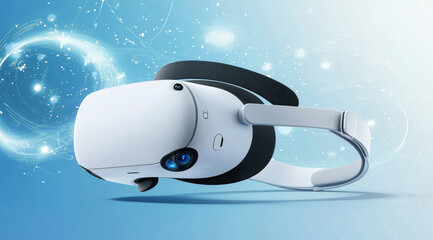 Poster - Modern Virtual Reality Headset on a Light Blue Background with Digital Elements for Gaming and Immersive Experiences