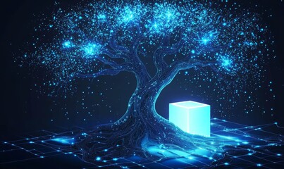 Poster - Futuristic Digital Tree with Glowing Particles and Abstract Cube on Dark Background