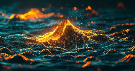 Poster - Digital Representation of a Mountain Peak Surrounded by Vibrant Waves of Light and Color in a Futuristic Environment