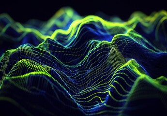 Poster - Abstract digital landscape with vibrant blue and green wave lines forming a mesmerizing 3D visual representation of sound and data dynamics