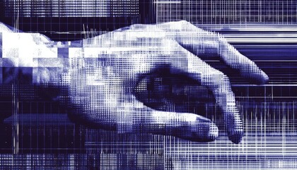 Poster - Abstract Digital Art Hand Reaching Out with Glitch Effect and Data Visualization in Blue Tones