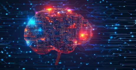 Poster - Futuristic Brain with Circuit Patterns and Colorful LED Lights in a Digital Network Environment