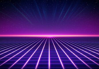 Poster - retro futuristic grid landscape with vibrant colors and starry sky for digital art and backgrounds