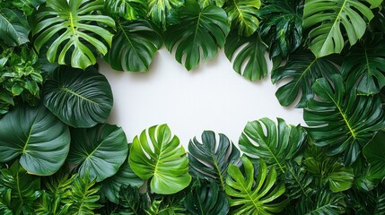 Wall Mural - Lush green leaves arranged around a blank space for text or design.