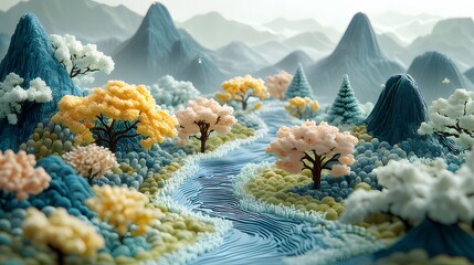 Wall Mural - Serene river flows through stylized mountain landscape