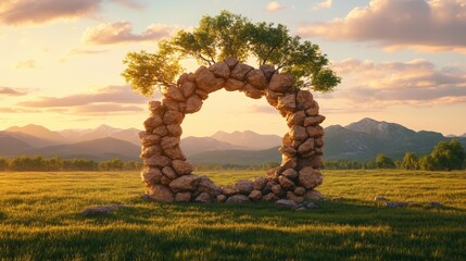 Poster - Tree growing through rock arch beneath mysterious doorway at sunset in surreal landscape
