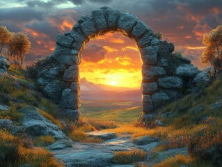 Poster - Stone archway with mysterious doorway opening at sunset in a surreal landscape