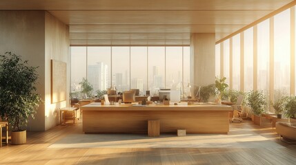 Poster - Modern Office Interior with Large Windows and City View at Sunset