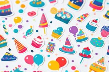 Aufkleber - Festive collection of colorful stickers featuring balloons, cakes, party hats, and confetti for celebrations. Generative AI