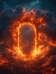 Poster - Fire ring in the sky with mysterious doorway revealing flames in dense clouds