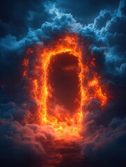 Poster - Large orange fire erupting from mysterious doorway in a dense smoky environment
