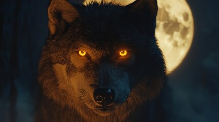 Poster - Majestic wolf watches under a full moon in a mystical forest at night. Generative AI