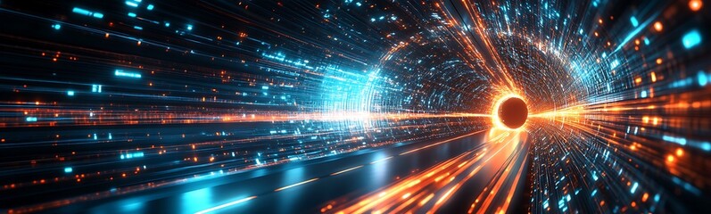 Leinwandbilder - A vibrant digital artwork depicting light trails symbolizing streaming data in a tunnel.