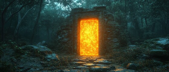 Poster - Mysterious glowing doorway in a forest surrounded by trees and bright light with no people visible