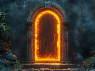 Poster - Mysterious glowing doorway with fire emerging from it in a high-detail scene without any people present