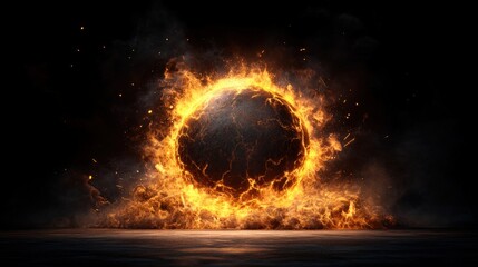 Poster - A glowing fireball burns in darkness near a mysterious illuminated doorway in a studio setting