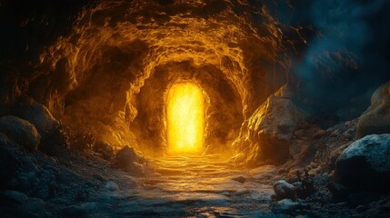 Poster - Mysterious glowing doorway in dark tunnel within a cavern illuminated by light from the entrance