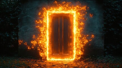 Poster - Mysterious glowing doorway illuminated by fire in a dark cavern with stone walls and shadows