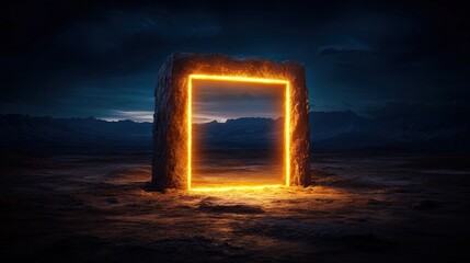 Poster - Mysterious glowing doorway in a dark cavern surrounded by desert landscape and rocky formations