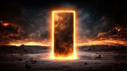 Poster - Large open door in barren landscape with mysterious glowing entrance in dark cavern