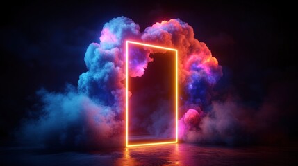 Poster - Illuminated neon light emitting from doorway in dark room creating mysterious atmosphere