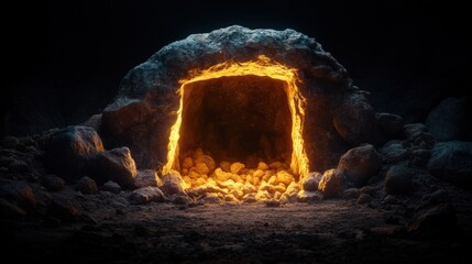 Poster - Cave with fire emanating from mysterious illuminated doorway in dark room